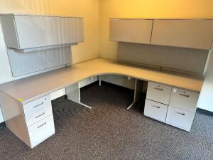 8' X 6' L SHAPED WALL MOUNTED COMPOSITE DESK W/ HUTCHES