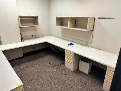 12' X 8' U SHAPED WALL MOUNTED COMPOSITE DESK W/ HUTCHES