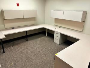 12' X 8' U SHAPED WALL MOUNTED COMPOSITE DESK W/ HUTCHES