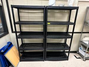 (2) 36" FIVE TIER BLACK PLASTIC SHELVES