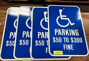 (4) PARKING FINE HANDICAP METAL PARKING LOT SIGNS