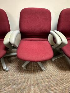 (6) MAROON UPHOLSTERED ARM CHAIRS W/ OF WHITE ARM RESTS