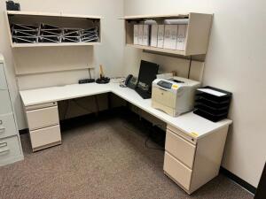 8' X 6' L SHAPED WALL MOUNTED COMPOSITE DESK W/ HUTCHES