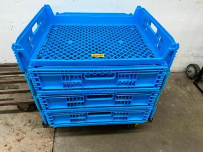 DESCRIPTION: (4) BLUE PLASTIC BREAD RACKS LOCATION: BACK WAREHOUSE THIS LOT IS: ONE MONEY QTY: 1