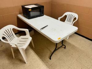 DESCRIPTION: 60" FOLDING TABLE AND (2) PATIO STACK CHAIRS LOCATION: BACK WAREHOUSE THIS LOT IS: ONE MONEY QTY: 1