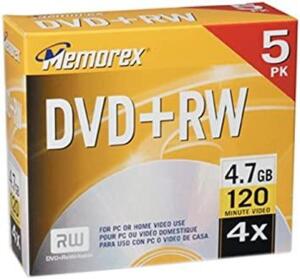 DESCRIPTION: (4) PACKS OF (5) REWRITABLE DVDS WITH CASE BRAND/MODEL: MEMOREX #RW RETAIL$: $11.99 PER PACK SIZE: 4.7 GB, 120 MIN VIDEO QTY: 4