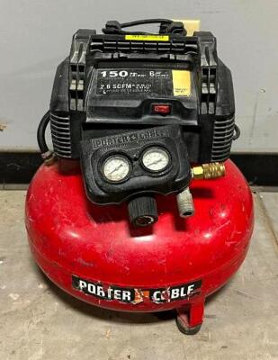 DESCRIPTION: 6 GALLON 150 PSI PORTABLE COMPRESSOR BRAND/MODEL: PORTER CABLE LOCATION: WAREHOUSE QTY: 1