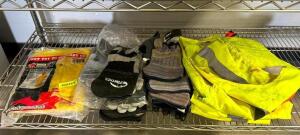 DESCRIPTION: ASSORTED SAFETY VESTS, RAIN JACKET, AND ASSORTED WORK GLOVES LOCATION: WAREHOUSE QTY: 1