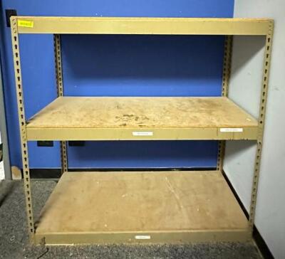 DESCRIPTION: 3-TIER METAL SHELVING UNIT WITH PARTICLE BOARD SHELVES INFORMATION: CONTENTS NOT INCLUDED SIZE: 48"X18"X48" LOCATION: TOOL ROOM QTY: 1