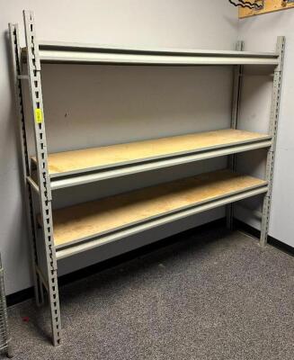 DESCRIPTION: 3-TIER METAL SHELVING UNIT WITH PARTICLE BOARD SHELVES INFORMATION: CONTENTS NOT INCLUDED SIZE: 77"X18"X72" LOCATION: TOOL ROOM QTY: 1