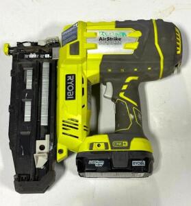 DESCRIPTION: 18V 16 GAUGE FINISH NAILER WITH BATTERY AND CHARGER BRAND/MODEL: RYOBI P325 LOCATION: TOOL ROOM QTY: 1