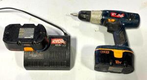 DESCRIPTION: 18V 3/8" DRILL WITH EXTRA BATTERY AND CHARGER BRAND/MODEL: RYOBI P205 LOCATION: TOOL ROOM QTY: 1