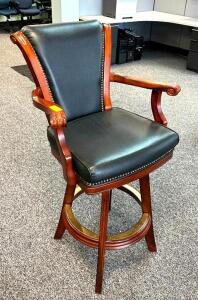 DESCRIPTION: (3) DECORATIVE WOODEN FRAMED BAR STOOLS W/ BLACK LEATHER SEAT LOCATION: OFFICE