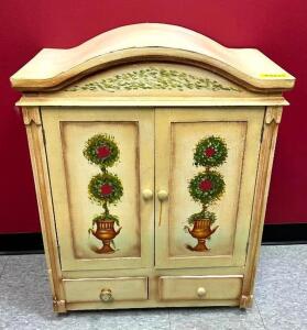 DESCRIPTION: SMALL DECORATIVE CABINET INFORMATION: CONTENTS NOT INCLUDED SIZE: 26"X14"X35" LOCATION: WOMENS BATHROOM QTY: 1