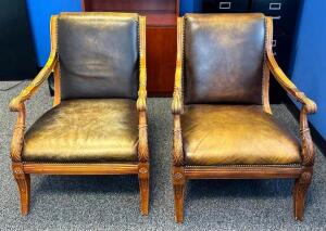 DESCRIPTION: (2) LEATHER OFFICE CHAIRS WITH DECORATIVE WOOD FRAME LOCATION: CORNER OFFICE QTY: 2
