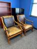 DESCRIPTION: (2) LEATHER OFFICE CHAIRS WITH DECORATIVE WOOD FRAME LOCATION: CORNER OFFICE QTY: 2 - 2