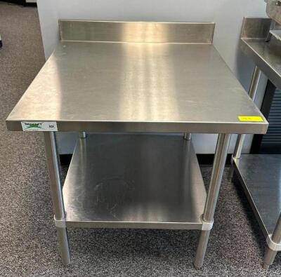 DESCRIPTION: 30" STAINLESS STEEL TABLE WITH UNDERSHELF AND BACKSPLASH SIZE: 30"X30"X34" LOCATION: MAIN OFFICE QTY: 1