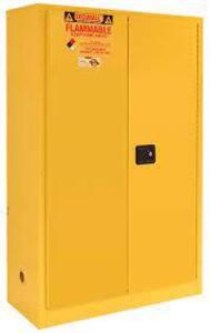 DESCRIPTION: (1) SAFETY STORAGE CABINET FOR FLAMMABLE LIQUIDSBRAND/MODEL: SECURALL #A145INFORMATION: YELLOW, 18G STEELRETAIL$: $1792.25 EASIZE: 45 GALLON CAPACITY, 65"H x 43"W x 18"DQTY: 1