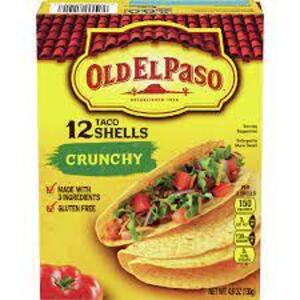 DESCRIPTION: (12) BOXES OF (12) TACO SHELLS BRAND/MODEL: OLD EL PASO INFORMATION: CRUNCHY RETAIL$: $2.39 PER BOX SIZE: 12 TACOS QTY: 12