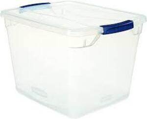 DESCRIPTION: (7) STORAGE TOTE WITH LATCHING LID BRAND/MODEL: RUBBERMAID INFORMATION: CLEAR RETAIL$: $14.39 EA SIZE: 30 QT QTY: 7