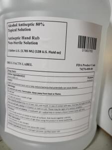 DESCRIPTION: (2) ALCOHOL ANTISEPTIC BRAND/MODEL: TOPICAL SOLUTION HAND RUB INFORMATION: 0.8 RETAIL$: $40.00 EA SIZE: 1 GALLON QTY: 2