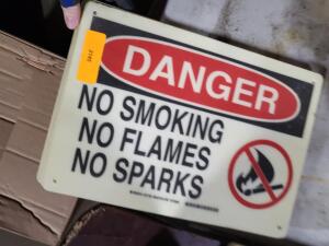 DESCRIPTION: (5) DANGER SIGN BRAND/MODEL: NO SMOKING NO FLAMES NO SPARKS RETAIL$: $24.87 EA QTY: 5