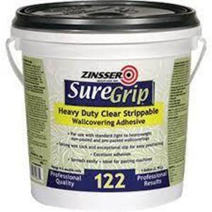 DESCRIPTION: (1) SURE GRIP HEAVY DUTY CLEAR STRIPPABLE WALLCOVERING ADHESIVE BRAND/MODEL: ZINSSER RETAIL$: $27.52 EA SIZE: 1 GALLON QTY: 1