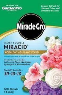 DESCRIPTION: (3) 1 LB. BOXES OF WATER SOLUBLE MIRACID ACID-LOVING PLANT FOOD BRAND/MODEL: MIRACLE-GRO 175001 RETAIL$: $3.95 EACH LOCATION: RETAIL SHOP