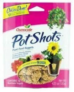 DESCRIPTION: (8) POTSHOTS PLANT FOOD NUGGETS-16 COUNT BRAND/MODEL: MIRACLE GRO RETAIL$: $9.25 EACH SIZE: 4.23 OZ LOCATION: STORE