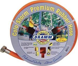 DESCRIPTION: 25' X 1/2" PREMIUM RUBBER GARDEN HOSE- ORANGE BRAND/MODEL: DRAMM RETAIL$: $36.76 SIZE: 25' X 1/2" LOCATION: STORE