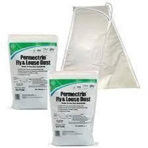 DESCRIPTION: PERMECTRIN FLY & LOUSE DUST KIT W/ BAG- 25 LBS BRAND/MODEL: BAYER RETAIL$: $363.60 SIZE: 25 LBS LOCATION: STORE