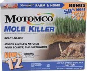 DESCRIPTION: (5) 12CT BOXES OF MOLE KILLER WORMS BRAND/MODEL: MOTOMCO LOCATION: RETAIL SHOP QTY: 5