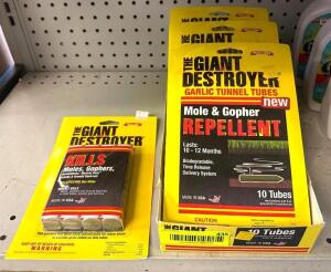 DESCRIPTION: (4) MOLE AND GOPHER REPELLENT TUBES AND (1) 4CT PACK OF GAS KILLER BRAND/MODEL: THE GIANT DESTROYER LOCATION: RETAIL SHOP QTY: 5