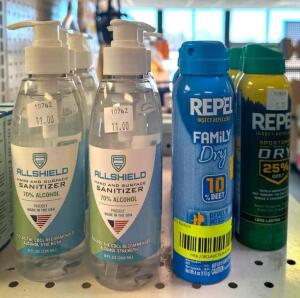 DESCRIPTION: (11) BOTTLES OF HAND SANITIZER, (8) ASSORTED INSECT REPELLENT LOCATION: RETAIL SHOP QTY: 19