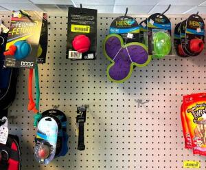 DESCRIPTION: LARGE ASSORTMENT OF DOG TOYS AS SHOWN INFORMATION: SEE PHOTOS FOR MORE DETAIL LOCATION: RETAIL SHOP QTY: 1