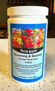 DESCRIPTION: (4) 1.5 LB. CONTAINERS OF BLOOMING & ROOTING SOLUBLE PLANT FOOD (9-58-8) BRAND/MODEL: FERTI-LOME 11771 LOCATION: STOCK ROOM QTY: 4