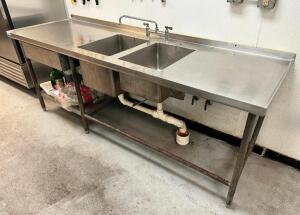 8' X 30" TWO WELL STAINLESS PREP SINK W/ LEFT AND RIGHT WORK AREAS.