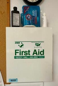 WALL MOUNTED FIRST AID KIT W/ CONTENTS.