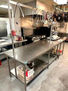 84" X 36" STAINLESS TABLE W/ POT RACK AND UNDER SHELF.