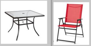 DESCRIPTION: (1) PATIO SET OF CHAIRS AND TABLE BRAND/MODEL: MAINSTAYS INFORMATION: GLASS TABLE, RED CHAIRS RETAIL$: $390.97 TOTAL SIZE: 4 CHAIRS, 1 TA