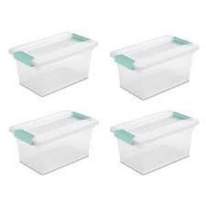 DESCRIPTION: (8) CLEAR STORAGE BOXES WITH CLIPS BRAND/MODEL: STERILITE #1962 INFORMATION: CLEAR WITH BLUE HANDLES RETAIL$: $39.95 FOR 4 SIZE: MEDIUM S