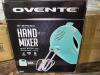 DESCRIPTION: (1) HAND MIXER BRAND/MODEL: OVENTE INFORMATION: TURQUOISE RETAIL$: $20.00 EA SIZE: 5 SPEED QTY: 1 - 2