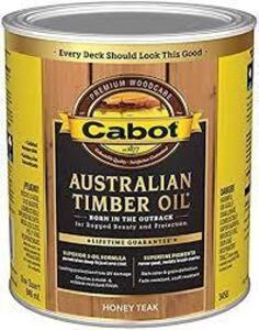 DESCRIPTION: (1) AUSTRALIAN TIMBER OIL BRAND/MODEL: CABOT INFORMATION: HONEY TEAK RETAIL$: $69.38 EA SIZE: 1 GALLON QTY: 1