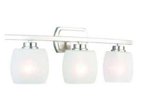 TAMWORTH 3-LIGHT BRUSHED NICKEL VANITY LIGHT WITH FROSTED GLASS SHADES