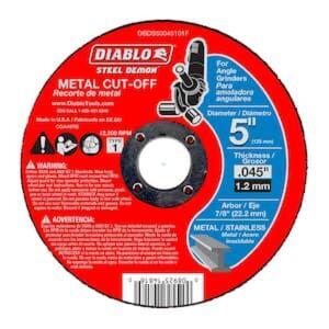 DESCRIPTION: (20) METAL CUT-OFF DISCS BRAND/MODEL: DIABLO #DBDS50045101F INFORMATION: RED RETAIL$: $5.47 EA SIZE: 5" QTY: 20