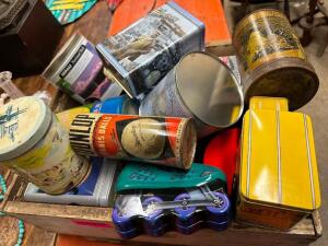 BOX OF ASSORTED TIN CANS