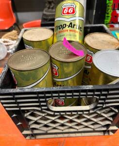 CRATE OF OLD OIL CANS