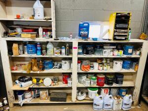 WOOD SHELVES WITH CONTENTS