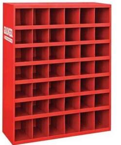 DESCRIPTION: (1) STEEL PIGEONHOLE STORAGE BIN BRAND/MODEL: GRAINGER INFORMATION: 42 BINS, SLIGHT SCUFFS & DENTS, SEE INSPECTION RETAIL$: $303.59 SIZE: