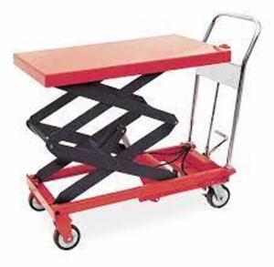 DESCRIPTION: (1) MANUAL MOBILE SCISSOR-LIFT TABLE BRAND/MODEL: DAYTON/3KR47 INFORMATION: LOAD CAPACITY: 800 LBS/RED/HYDRAULIC RETAIL$: 1,499.46 SIZE: